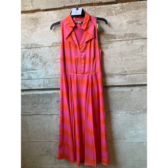 Eva Franco Red and Pink Striped Collared Midi Shirt Dress